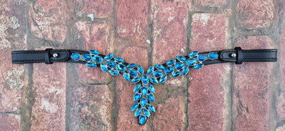 Luxury Cross-Shaped Turquoise Crystal Horse Browband – Leather with Iridescent Rhinestone Design with Quick release