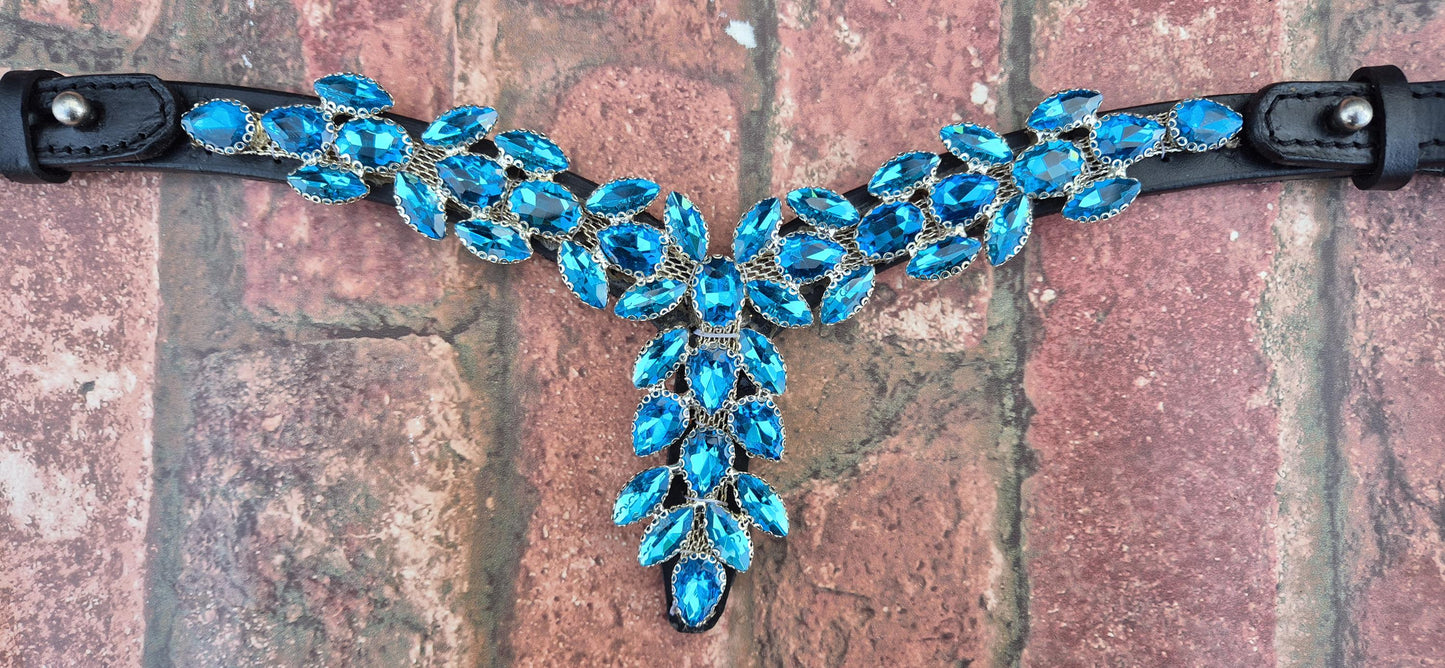 Luxury Cross-Shaped Turquoise Crystal Horse Browband – Leather with Iridescent Rhinestone Design with Quick release