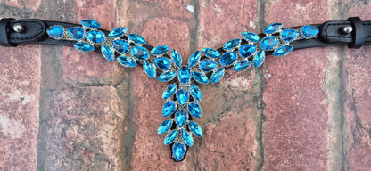 Luxury Cross-Shaped Turquoise Crystal Horse Browband – Leather with Iridescent Rhinestone Design with Quick release