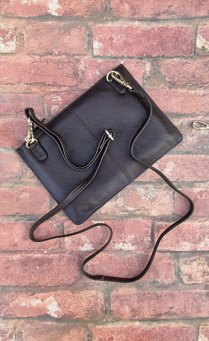 Leather Crossbody Clutch Purse, Minimalist Zipper Bag, Small Everyday Handbag, Adjustable Strap