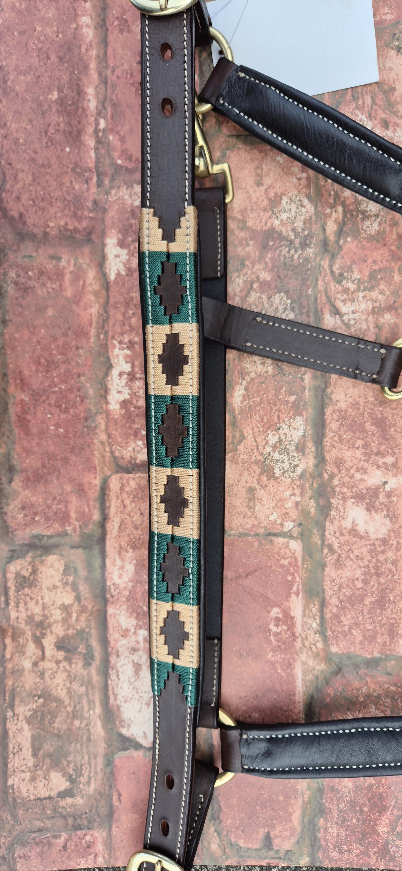 Argentinian Polo Leather Horse Halter -  Green and Tan Adjustable Headcollar