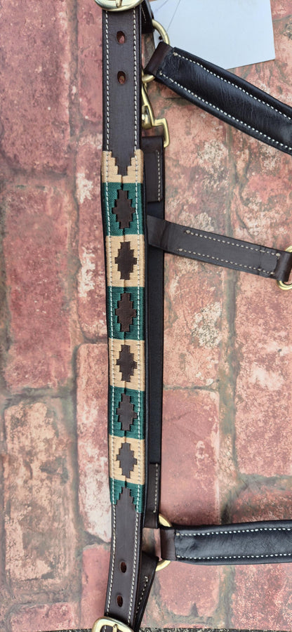 Argentinian Polo Leather Horse Halter -  Green and Tan Adjustable Headcollar