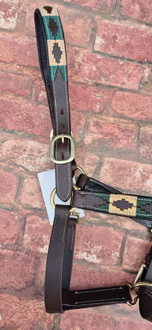 Argentinian Polo Leather Horse Halter -  Green and Tan Adjustable Headcollar