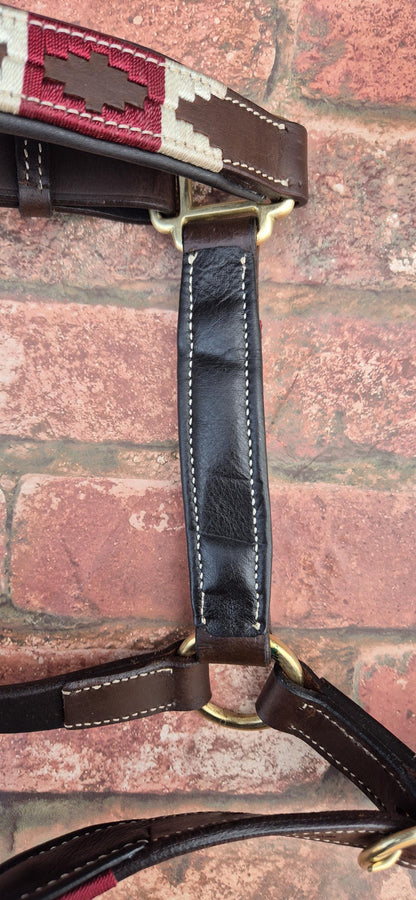 Argentinian Polo Leather Horse Halter - Burgundy and Beige Adjustable Headcollar