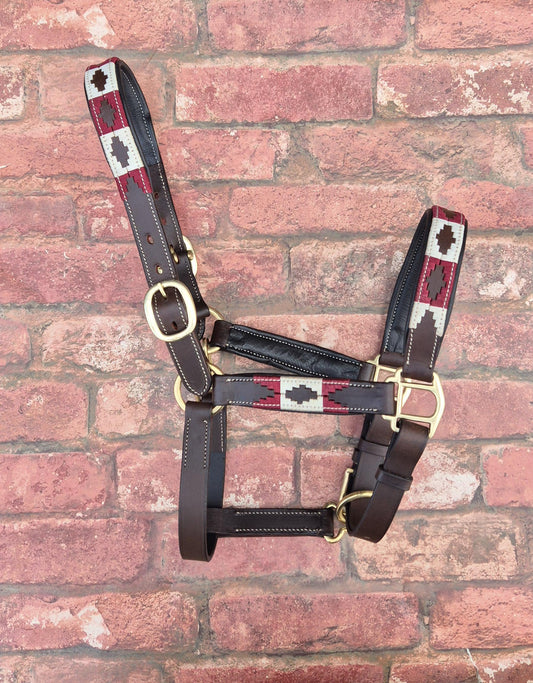 Argentinian Polo Leather Horse Halter - Burgundy and Beige Adjustable Headcollar