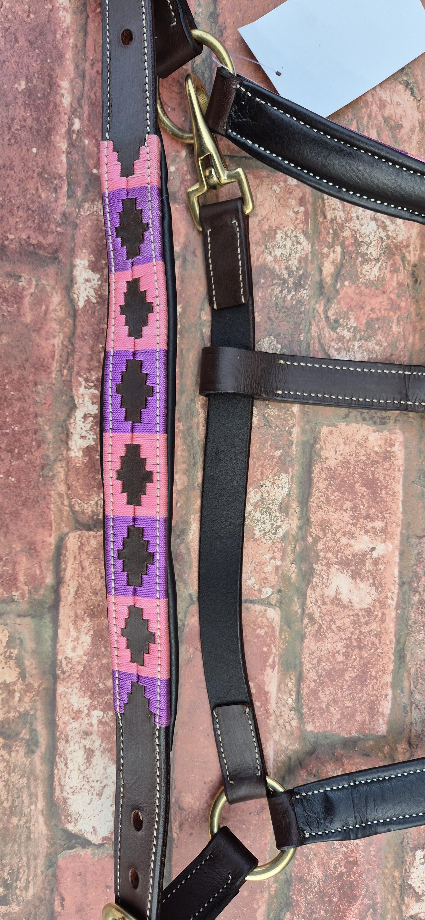 Argentinian Polo Leather Horse Halter - Pink and Purple Adjustable Headcollar