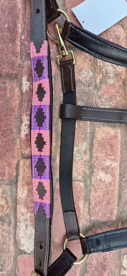 Argentinian Polo Leather Horse Halter - Pink and Purple Adjustable Headcollar