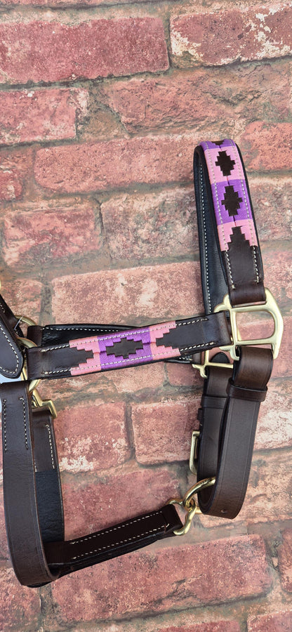 Argentinian Polo Leather Horse Halter - Pink and Purple Adjustable Headcollar
