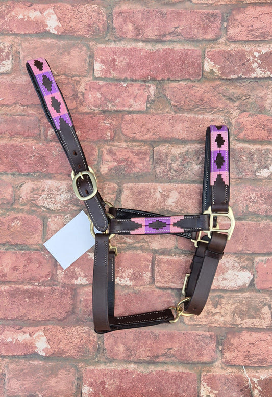 Argentinian Polo Leather Horse Halter - Pink and Purple Adjustable Headcollar