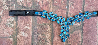 Luxury Cross-Shaped Turquoise Crystal Horse Browband – Leather with Iridescent Rhinestone Design with Quick release